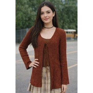 Vintage Self Esteem Tie Front Sweater Medium Ribbed Knit Y2K 90's Schoolgirl